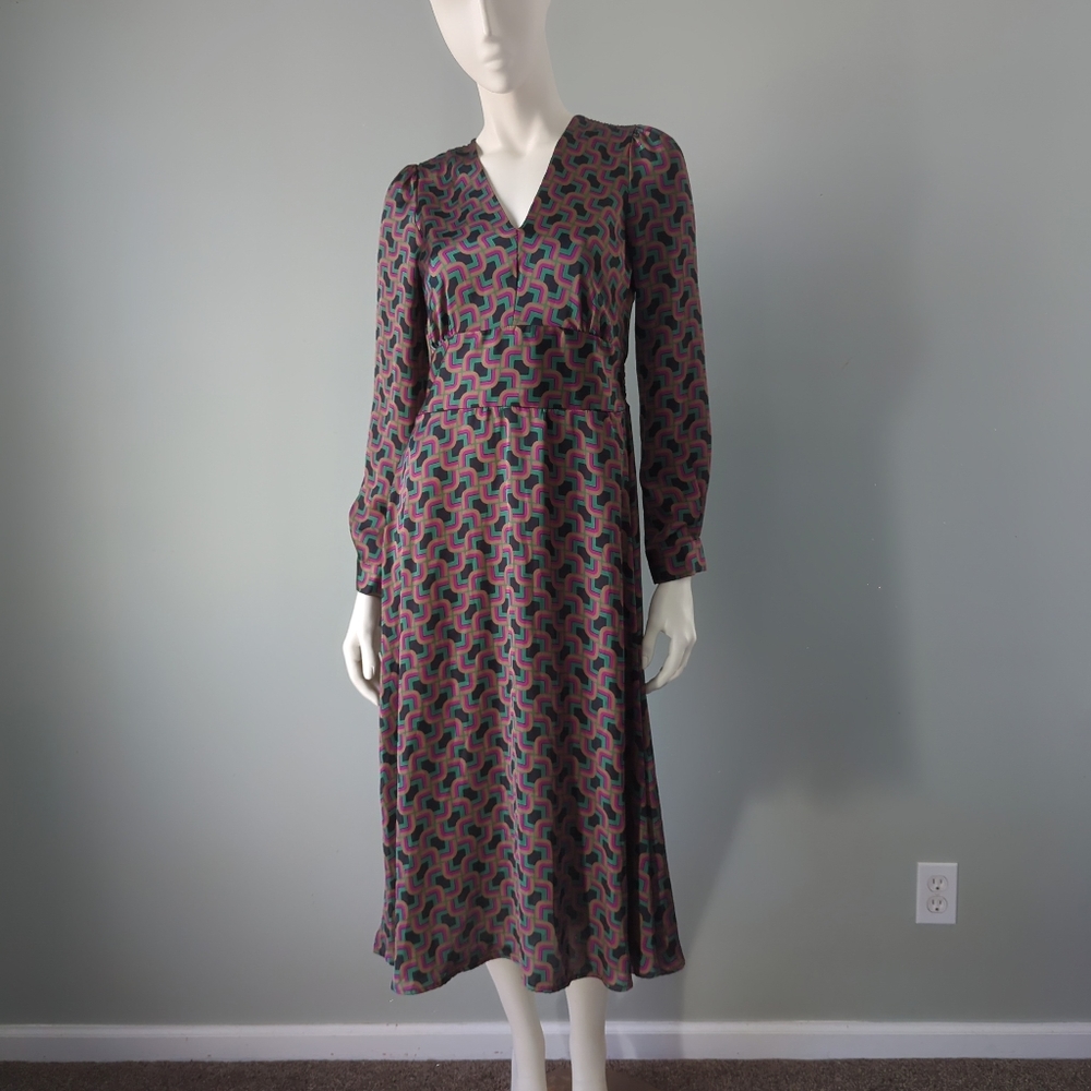 New! Kaos Italy Geometric Print Satin Ruched Waist Peasant Dress XS